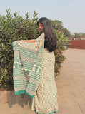 Off white linen printed saree with unstitched blouse piece, 5.5 meters length