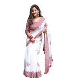 White and red linen floral printed saree with unstitched blouse piece, 5.5 meters length