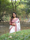 White and red linen floral printed saree with unstitched blouse piece, 5.5 meters length
