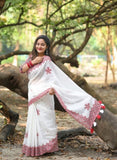 White and red linen floral printed saree with unstitched blouse piece, 5.5 meters length
