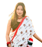 White and red printed linen saree with unstitched blouse piece, 5.5 meters length