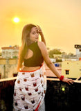 White and red printed linen saree with unstitched blouse piece, 5.5 meters length