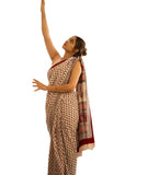 Off white linen printed saree with unstitched blouse piece, 5.5 meters length
