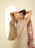 Off white linen printed saree with unstitched blouse piece, 5.5 meters length