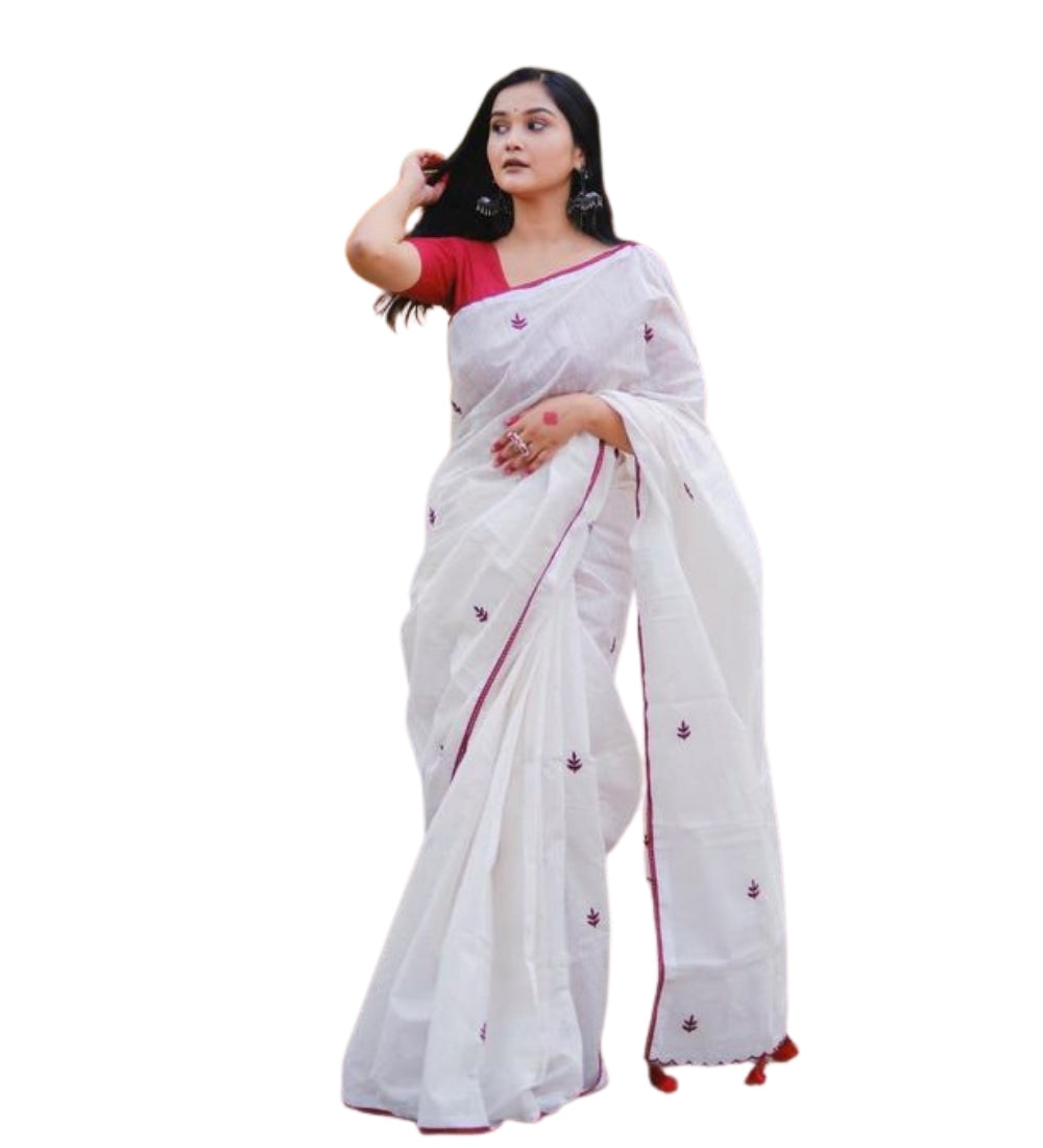 White and red linen embroidered saree with unstitched blouse piece, 5.5 meters length