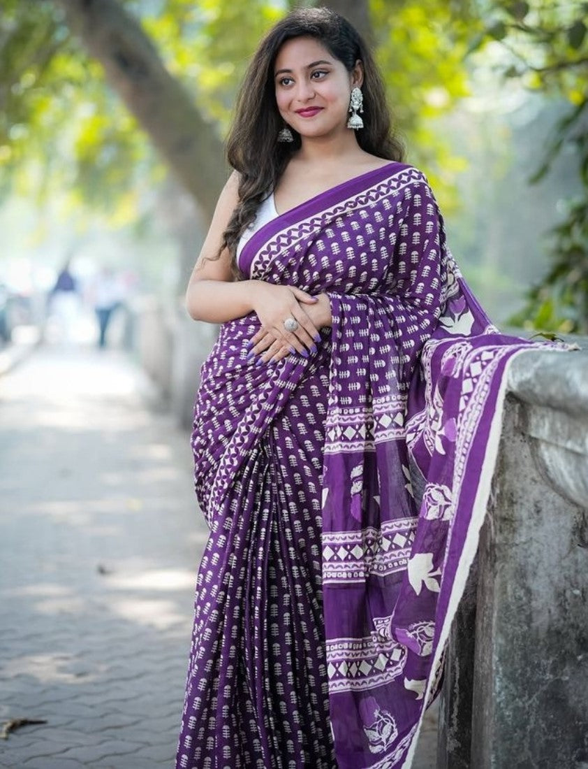 Purple linen printed saree with unstitched blouse piece, 5.5 meters length, traditional Indian wear