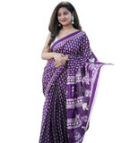 Purple linen printed saree with unstitched blouse piece, 5.5 meters length, traditional Indian wear