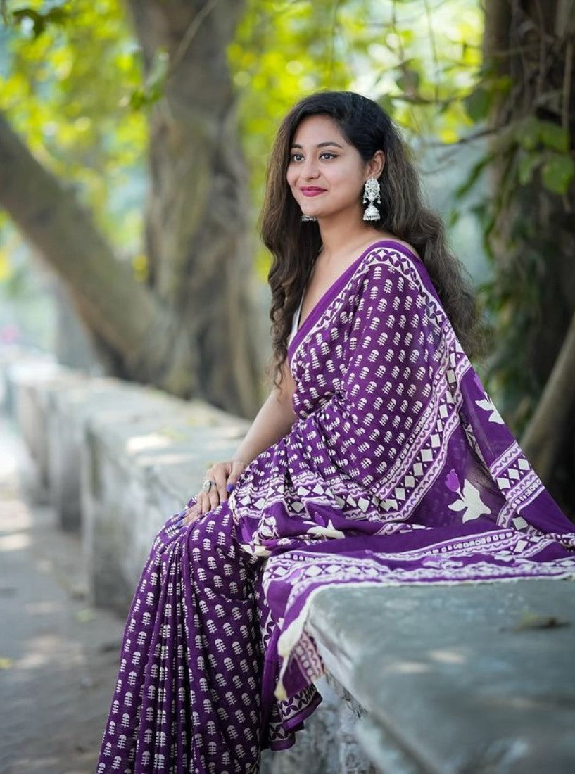 Purple linen printed saree with unstitched blouse piece, 5.5 meters length, traditional Indian wear