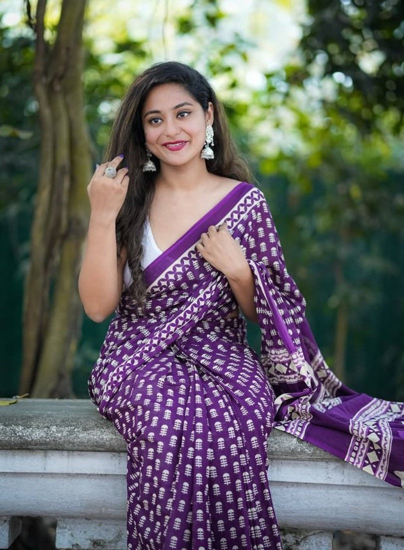 Purple linen printed saree with unstitched blouse piece, 5.5 meters length, traditional Indian wear