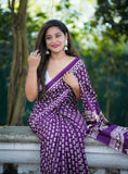 Purple linen printed saree with unstitched blouse piece, 5.5 meters length, traditional Indian wear