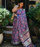 Multicolor linen floral printed saree with unstitched blouse piece, 5.5 meters length