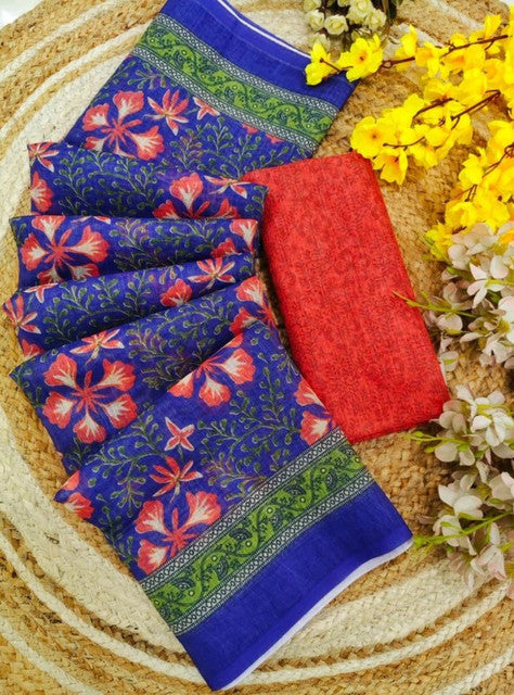 Multicolor linen floral printed saree with unstitched blouse piece, 5.5 meters length