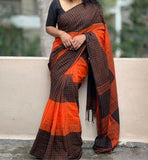 Orange and black linen checkered saree with unstitched blouse piece, 5.5 meters length