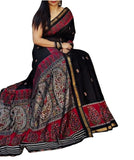 Black and red linen Kalamkari printed saree with unstitched blouse piece, 5.5 meters length