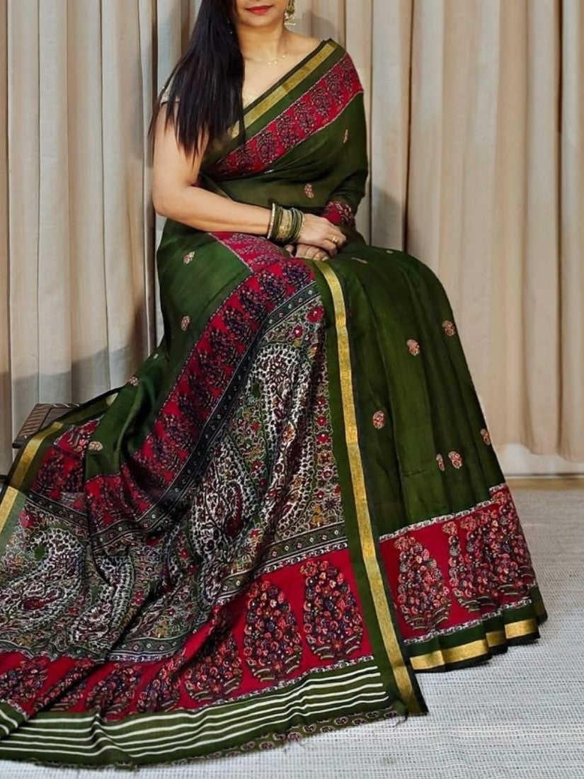 Green and pink linen Kalamkari printed saree with unstitched blouse piece, 5.5 meters length