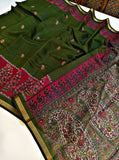 Green and pink linen Kalamkari printed saree with unstitched blouse piece, 5.5 meters length