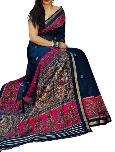 Navy blue and pink linen Kalamkari printed saree with unstitched blouse piece, 5.5 meters length