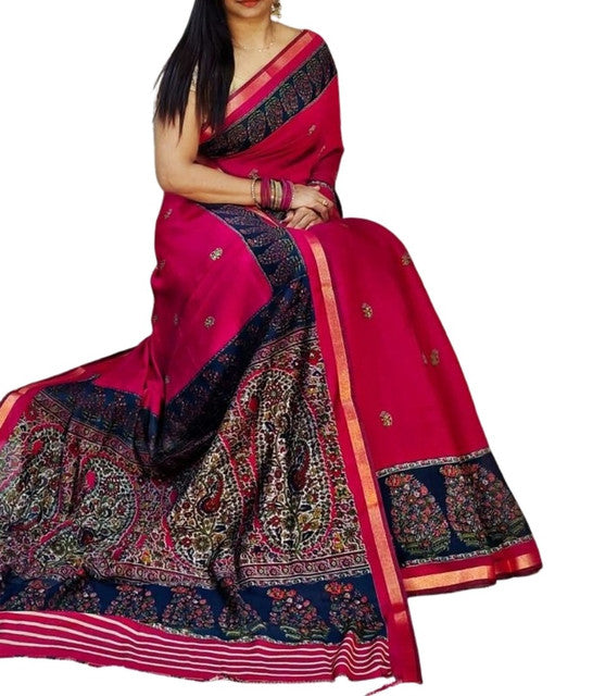 Pink and navy blue linen Kalamkari printed saree with unstitched blouse piece, 5.5 meters length