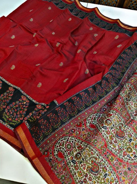 Red and navy blue linen Kalamkari printed saree with unstitched blouse piece, 5.5 meters length