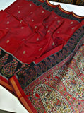 Red and navy blue linen Kalamkari printed saree with unstitched blouse piece, 5.5 meters length