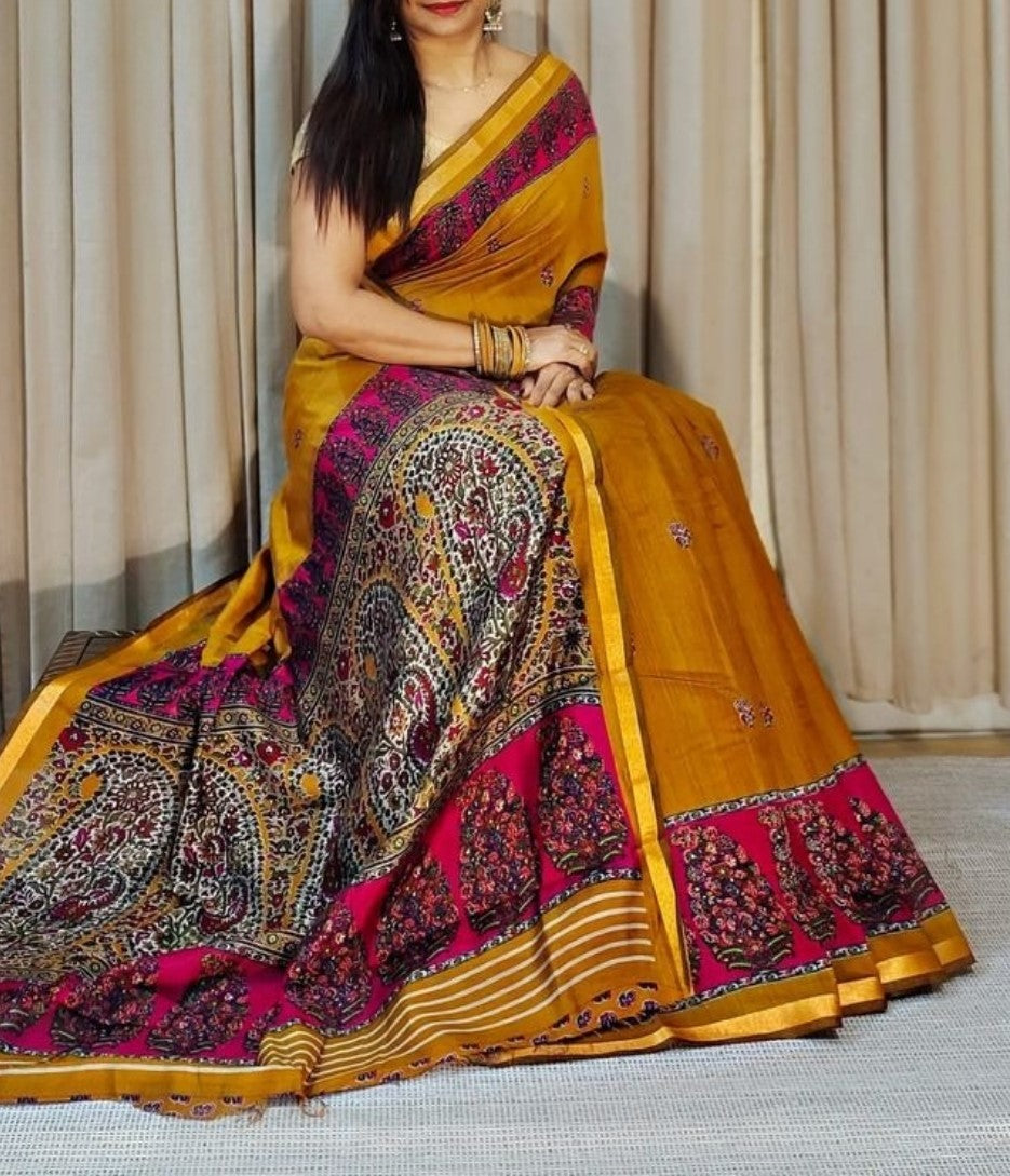Mustard-yellow and magenta linen Kalamkari printed saree with unstitched blouse piece, 5.5 meters