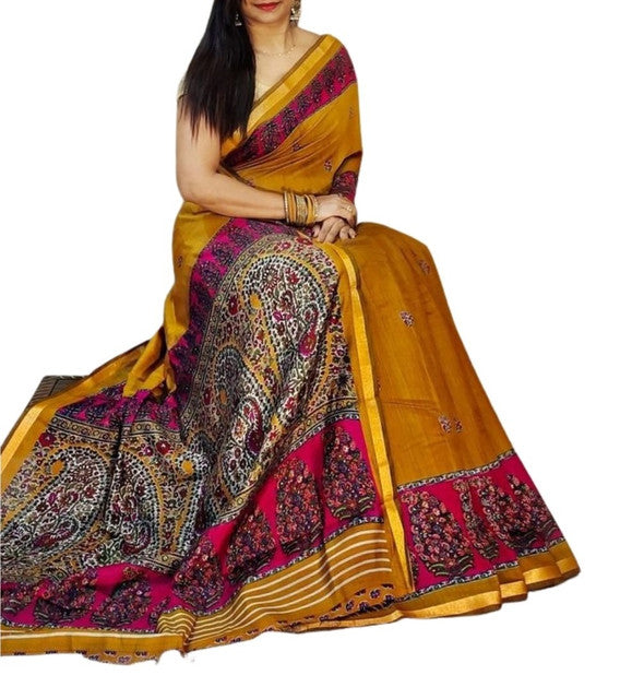 Mustard-yellow and magenta linen Kalamkari printed saree with unstitched blouse piece, 5.5 meters