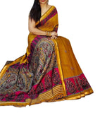 Mustard-yellow and magenta linen Kalamkari printed saree with unstitched blouse piece, 5.5 meters