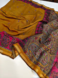 Mustard-yellow and magenta linen Kalamkari printed saree with unstitched blouse piece, 5.5 meters