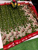 Olive green and red linen Kalamkari printed saree with unstitched blouse piece, 5.5 meters length