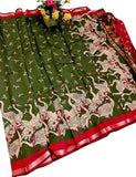 Olive green and red linen Kalamkari printed saree with unstitched blouse piece, 5.5 meters length