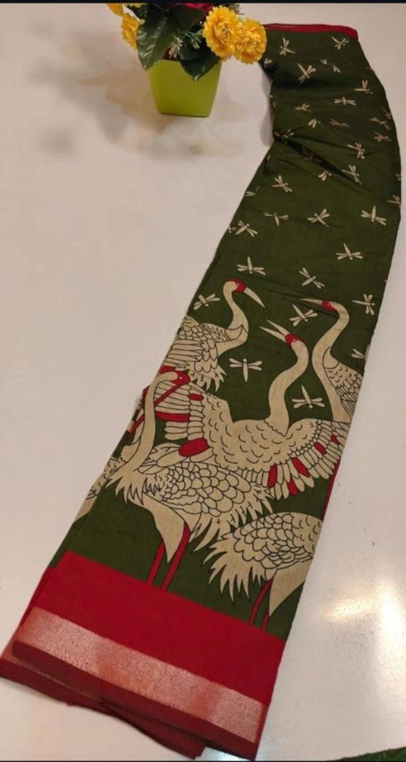 Olive green and red linen Kalamkari printed saree with unstitched blouse piece, 5.5 meters length