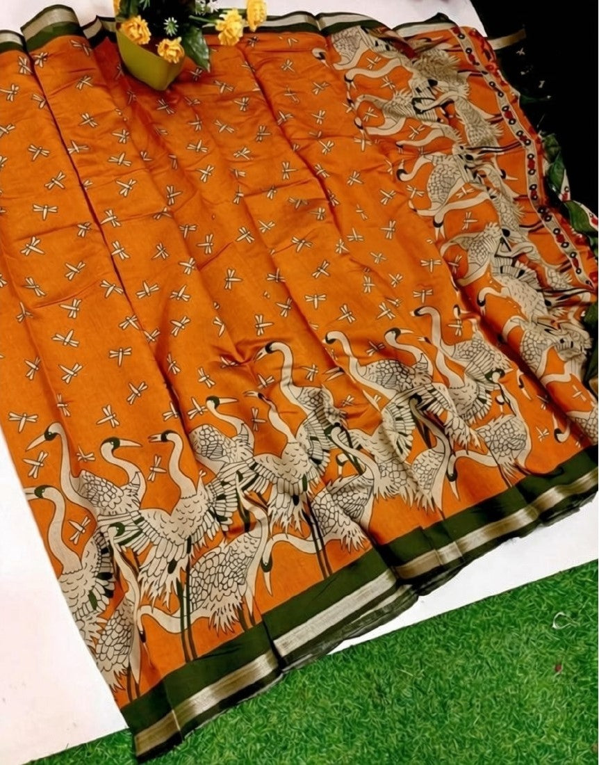 Orange-green linen Kalamkari printed saree with unstitched blouse piece, 5.5 meters length