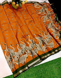 Orange-green linen Kalamkari printed saree with unstitched blouse piece, 5.5 meters length