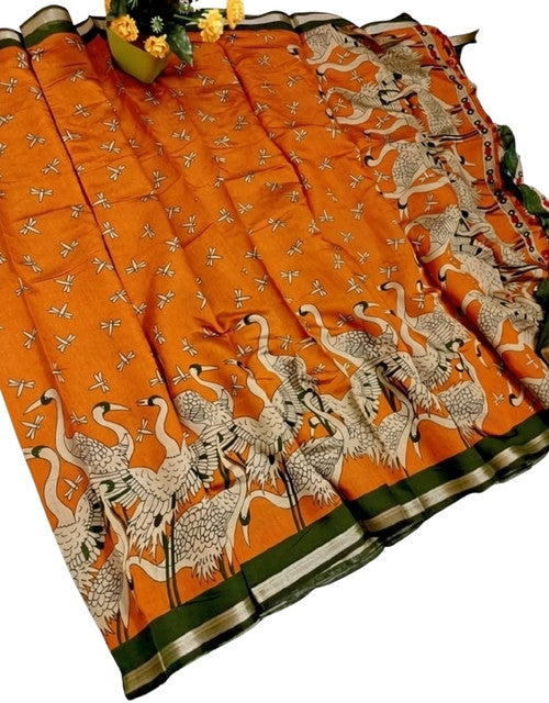 Orange-green linen Kalamkari printed saree with unstitched blouse piece, 5.5 meters length