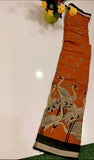 Orange-green linen Kalamkari printed saree with unstitched blouse piece, 5.5 meters length