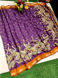 Purple-orange linen Kalamkari printed saree with unstitched blouse piece, 5.5 meters length