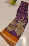 Purple-orange linen Kalamkari printed saree with unstitched blouse piece, 5.5 meters length