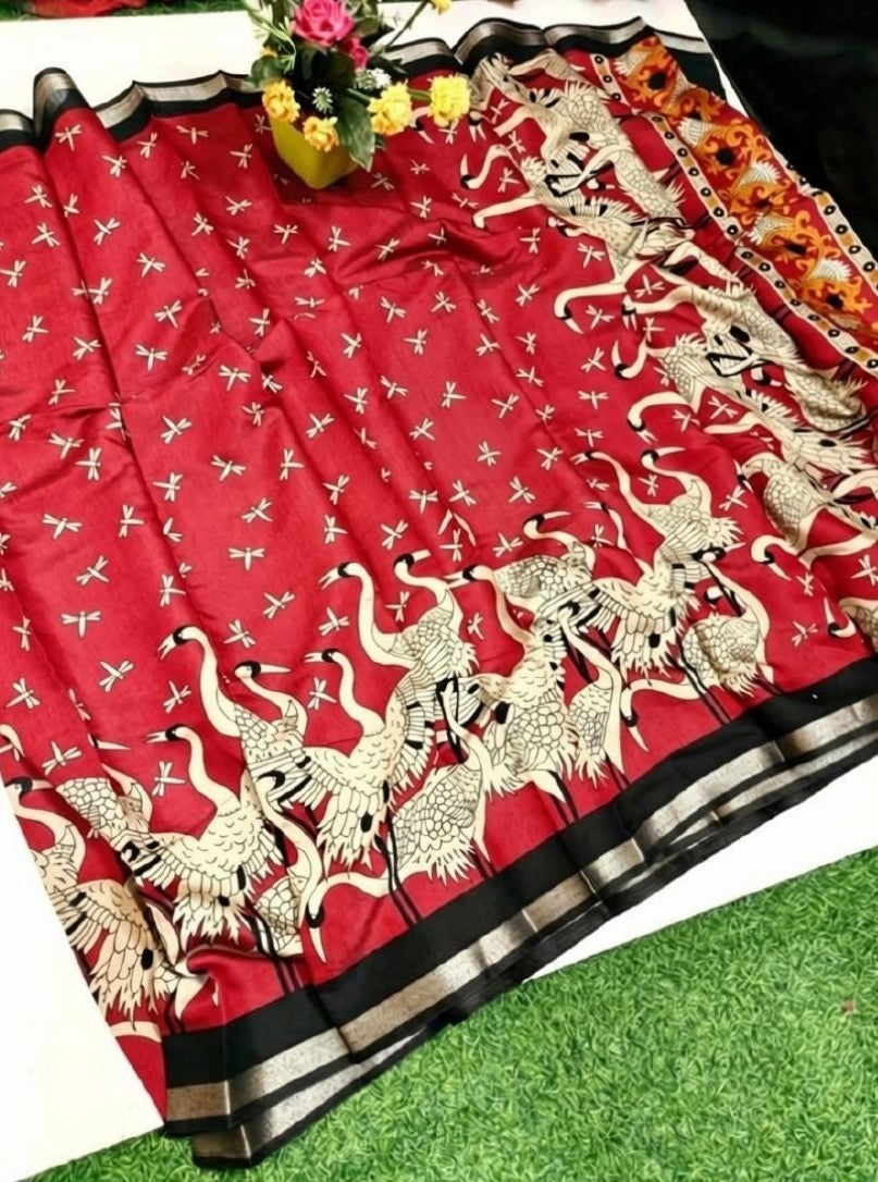 Red and black linen Kalamkari printed saree with unstitched blouse piece, 5.5 meters length