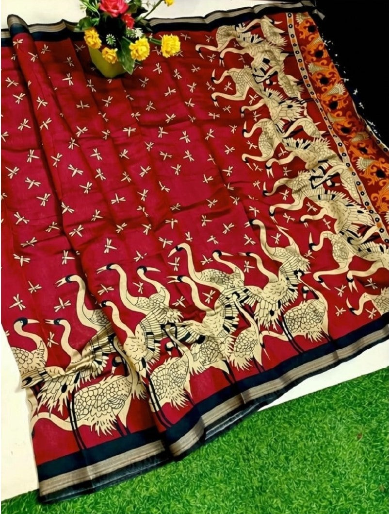 Red and navy blue linen Kalamkari printed saree with unstitched blouse piece, 5.5 meters length