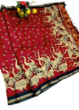 Red and navy blue linen Kalamkari printed saree with unstitched blouse piece, 5.5 meters length