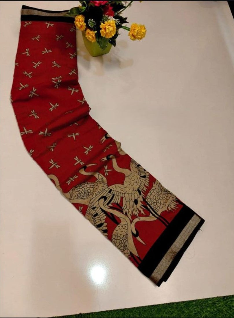 Red and navy blue linen Kalamkari printed saree with unstitched blouse piece, 5.5 meters length