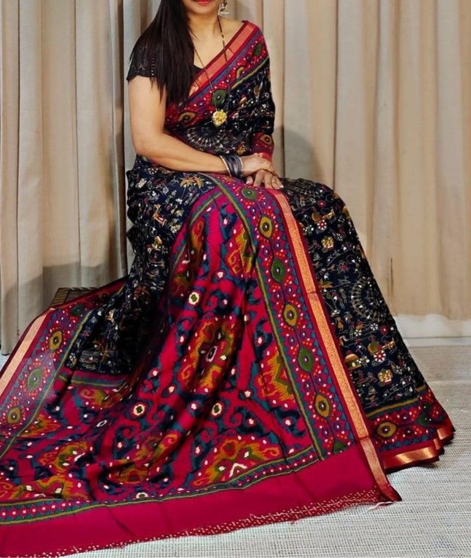 Black and pink printed linen saree with unstitched blouse piece, 5.5 meters length