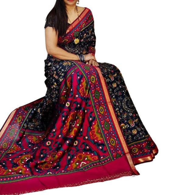 Black and pink printed linen saree with unstitched blouse piece, 5.5 meters length