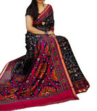 Black and pink printed linen saree with unstitched blouse piece, 5.5 meters length
