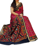 Pink and navy blue printed linen saree with unstitched blouse piece, 5.5 meters length