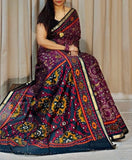 Purple and navy blue printed linen saree with unstitched blouse piece, 5.5 meters length