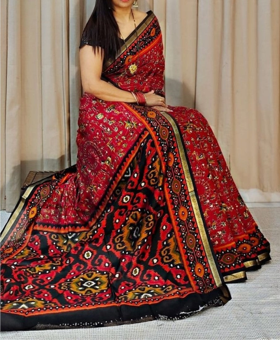 Red and black printed linen saree with unstitched blouse piece, 5.5 meters length