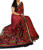 Red and black printed linen saree with unstitched blouse piece, 5.5 meters length