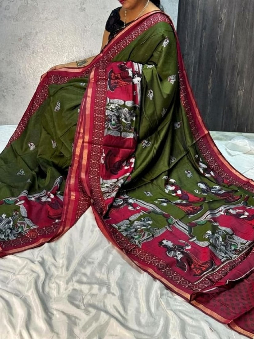 Olive green and maroon linen Kalamkari printed saree with unstitched blouse piece, 5.5 meters length
