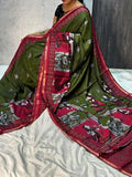 Olive green and maroon linen Kalamkari printed saree with unstitched blouse piece, 5.5 meters length